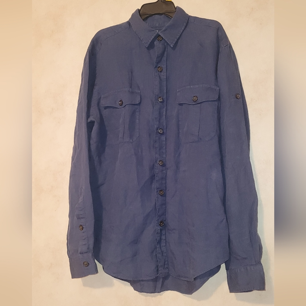 Vintage Polo Ralph Lauren Shirt Men Medium Blue Linen Button Up Military Pockets